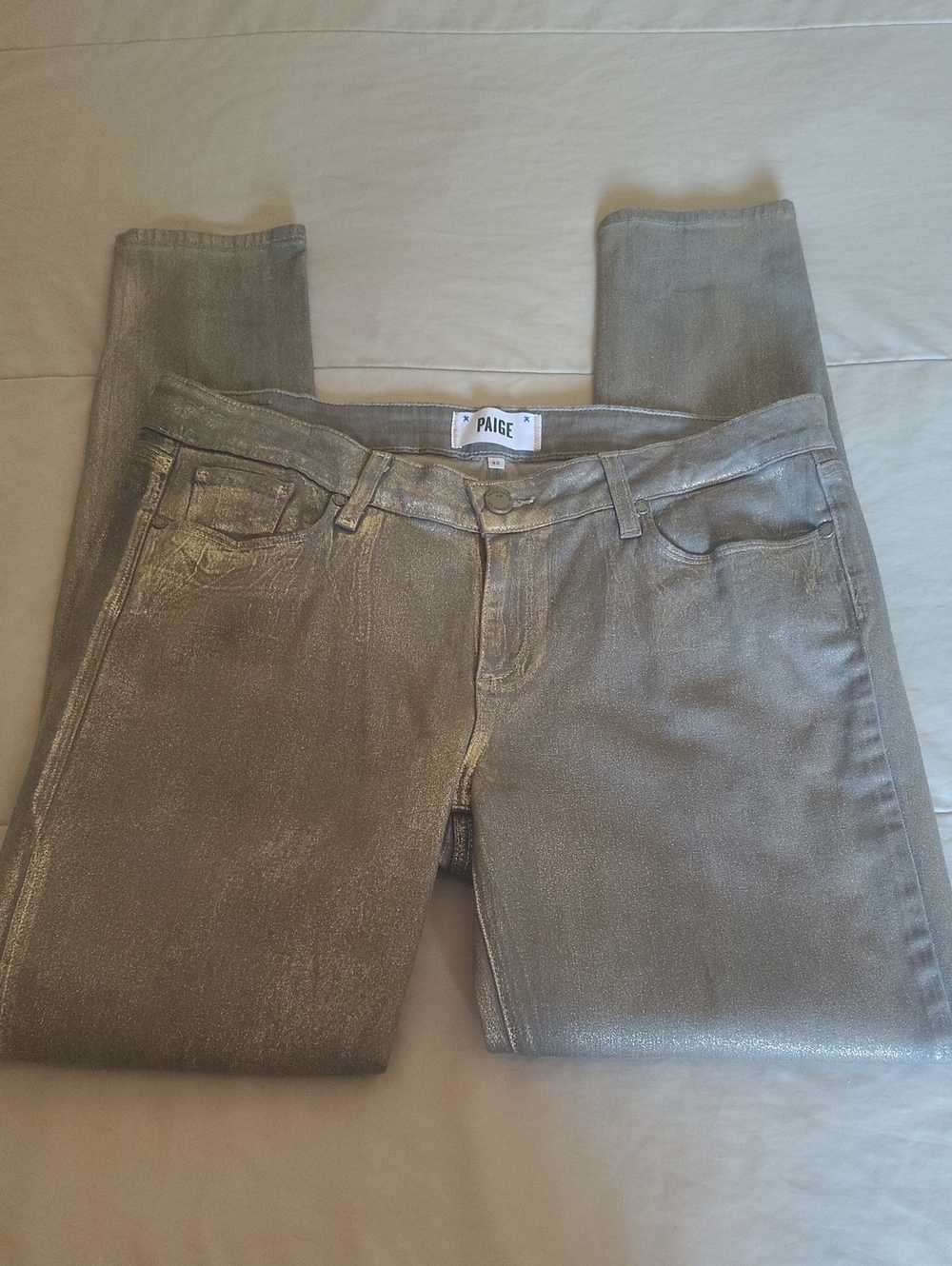 PAIGE Verdugo Ultra Skinny Metalli Silver Waxed/Coated Jeans Size 32 NWOT